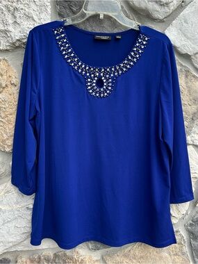 Susan Graver Liquid Knit Blouse Top Size L Blue Beaded Statement Elevated Basic